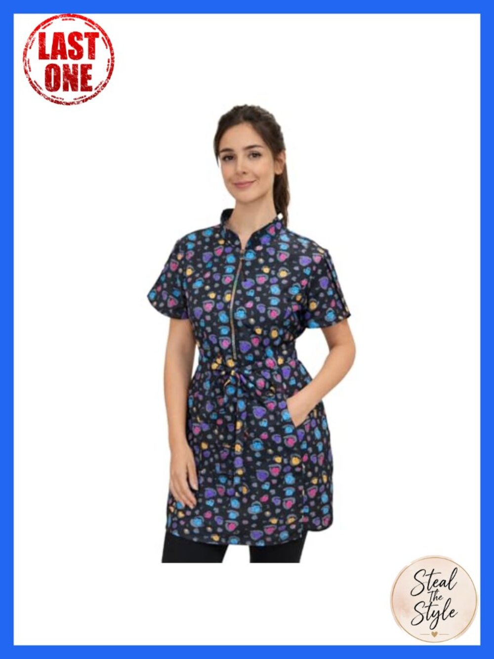 Water Resistant Mini Paw Print Tunic Scrub Top with Side Slits Tie Belt